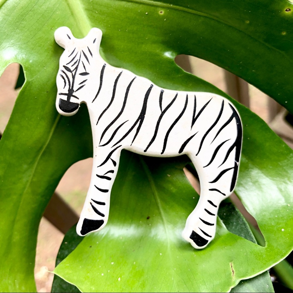 Vintage Wooden Zebra Brooch Safari Pin Minimalist